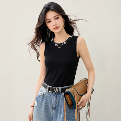 Chic Beaded Strapless Top for Women Spring and Autumn Sleeveless T-Shirt, Fitted Knitwear, Blazer Inner Layer - UrbanNest Co