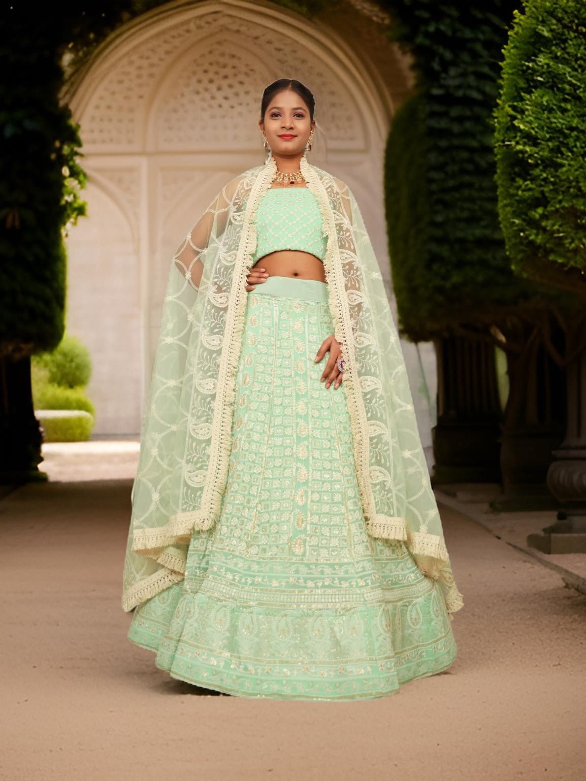 Semi - Stitched Lehenga with Embroidery & Golden Sequin work by Shreekama - UrbanNest Co