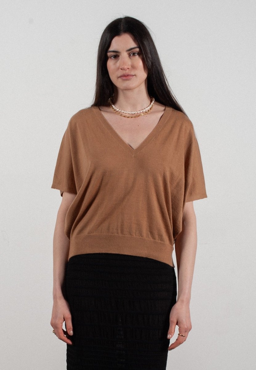 Pull col V à manches chauve souris femme en cachemire & laine ultrafin camel - KELLY 6 - UrbanNest Co