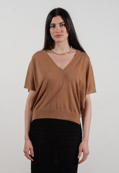 Pull col V à manches chauve souris femme en cachemire & laine ultrafin camel - KELLY 6 - UrbanNest Co