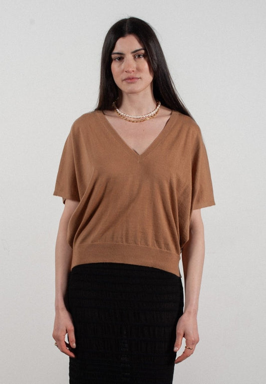 Pull col V à manches chauve souris femme en cachemire & laine ultrafin camel - KELLY 6 - UrbanNest Co