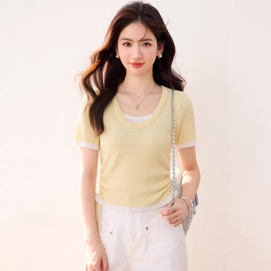 U - neck Color - block Slimming Waist Cinching Design Knit Top for Women Short Sleeve T-shirt Two - piece Look Summer Fashion Top - UrbanNest Co