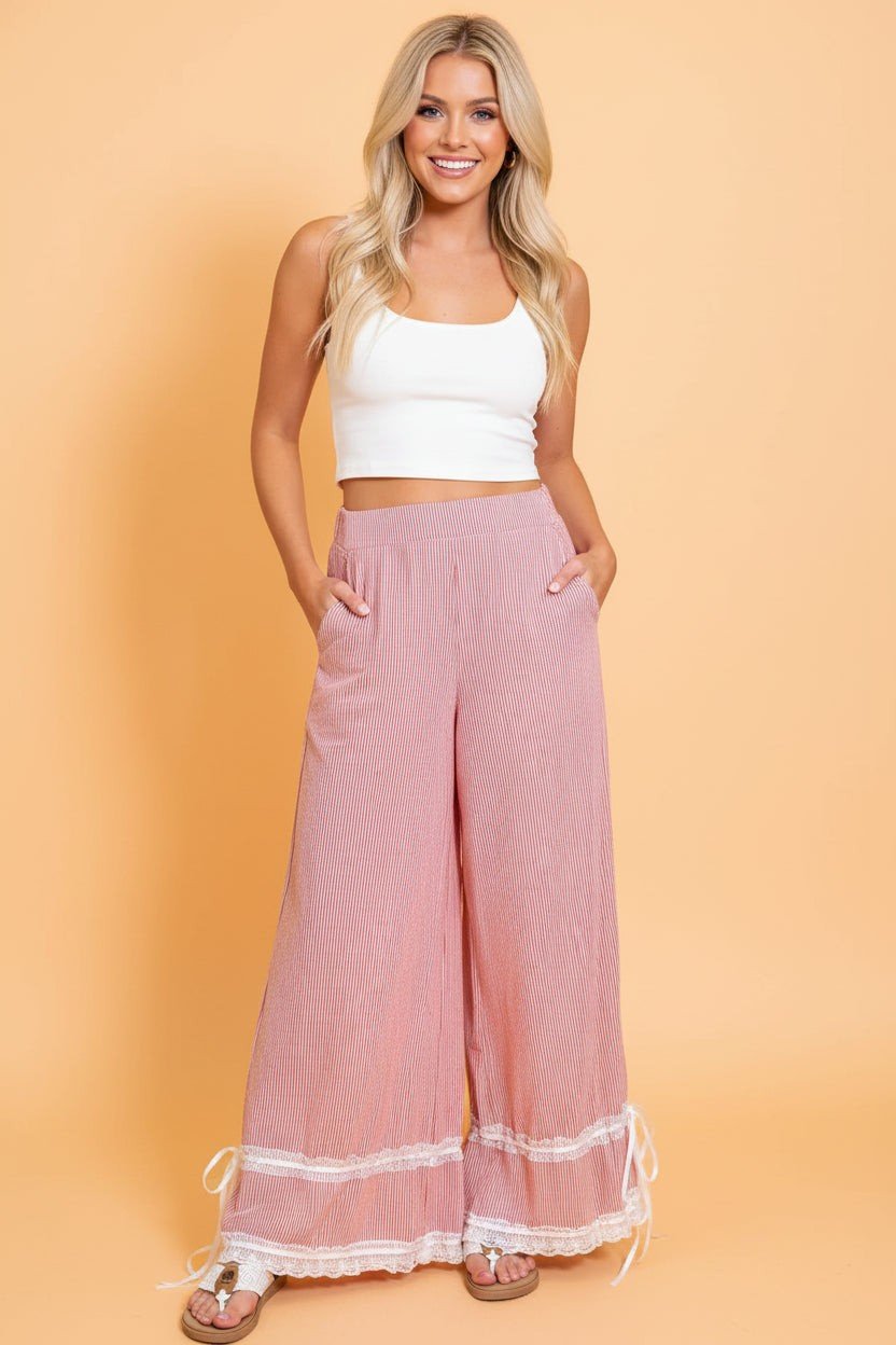 Stripe Contrast Lace Ribbon Tie Wide Leg Pants - UrbanNest Co