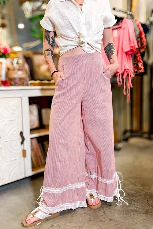 Stripe Contrast Lace Ribbon Tie Wide Leg Pants - UrbanNest Co