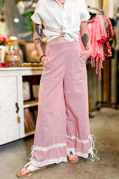 Stripe Contrast Lace Ribbon Tie Wide Leg Pants - UrbanNest Co