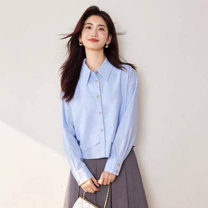 Elegant False Two - Piece Loose Long Sleeve Shirt for Women Fashionable Versatile Turn - Down Collar Solid Color Top - UrbanNest Co