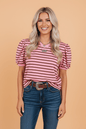 Stripe Ribbed Trim V - Neck Puff Sleeve Top - UrbanNest Co