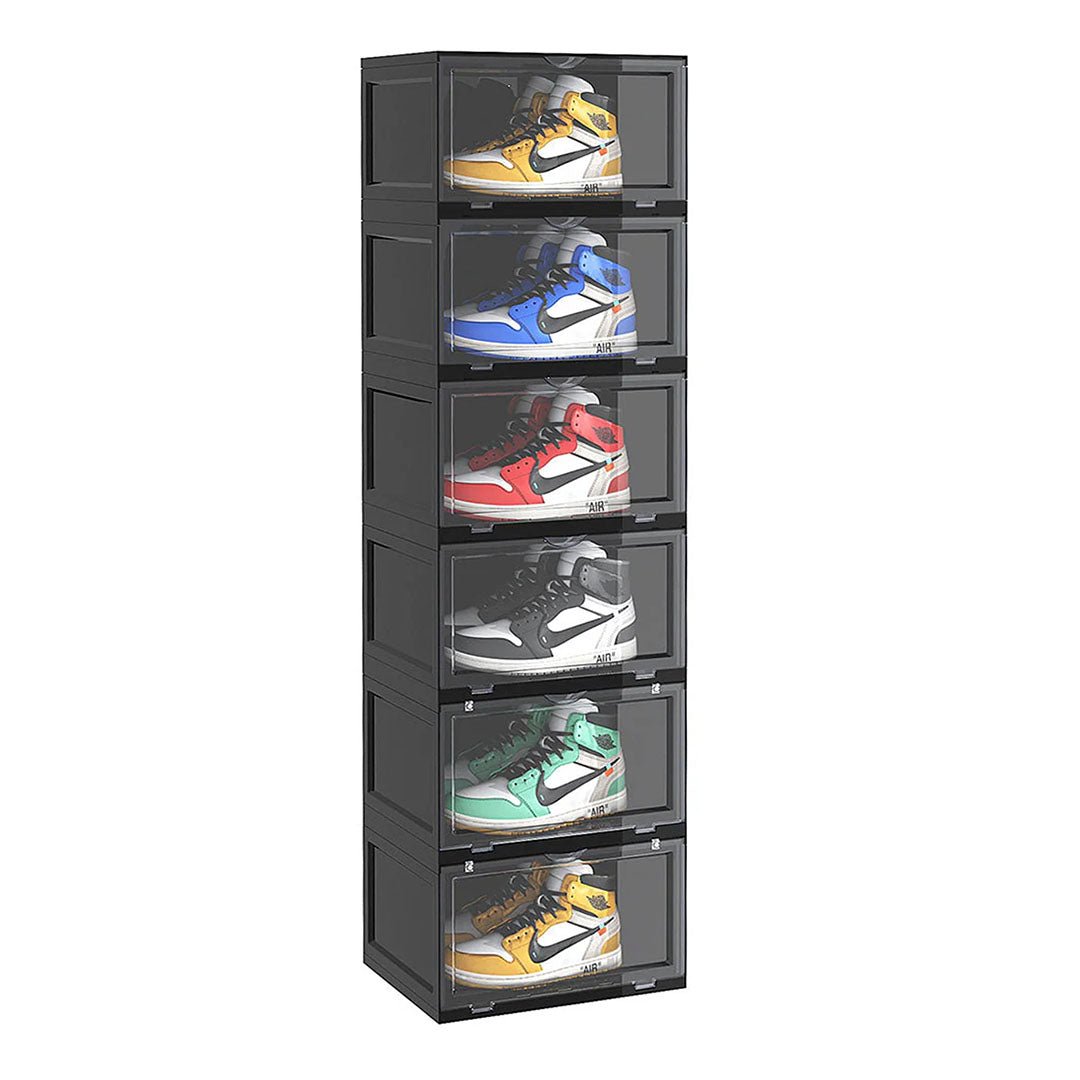 SOGA 6 Tier Black Portable Shoe Organiser Sneaker Footwear Folding Plastic Bin Stackable Storage Box with Magnetic Door - UrbanNest Co