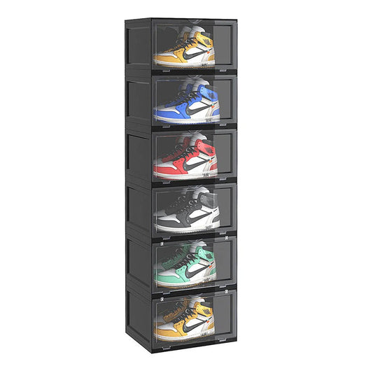 SOGA 6 Tier Black Portable Shoe Organiser Sneaker Footwear Folding Plastic Bin Stackable Storage Box with Magnetic Door - UrbanNest Co