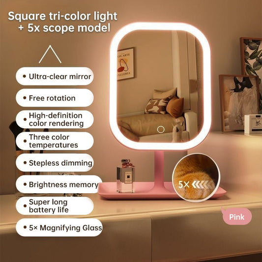 Large Square Rotating LED Makeup Mirror with Adjustable Lighting, 1~2PCS, Vanity Mirror for Girls Dormitory & Home Use - UrbanNest Co