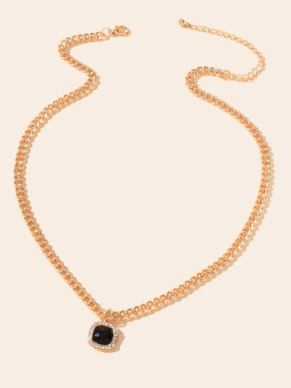 Exquisite Gold Chain Rhinestone Decor Black Square Pendant Women Dinner Necklace - UrbanNest Co