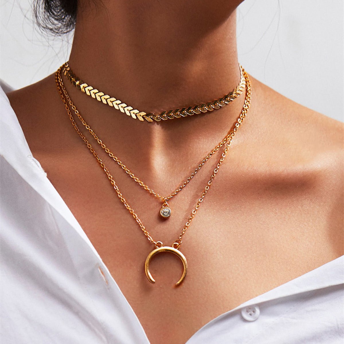 Boho Chic Jewelry Multi - layer Gold Silver Chain Rhinestone Horns Charm Necklace - UrbanNest Co