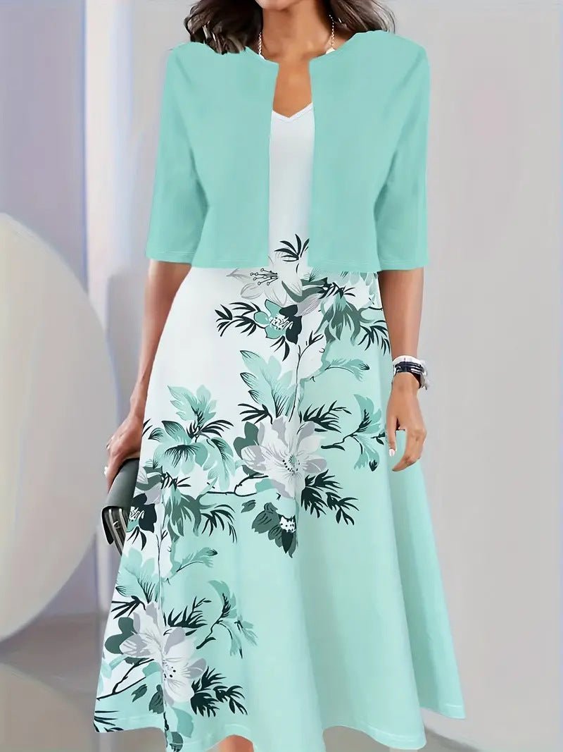 Two - piece long dress with floral and grass print, round neckline - UrbanNest Co