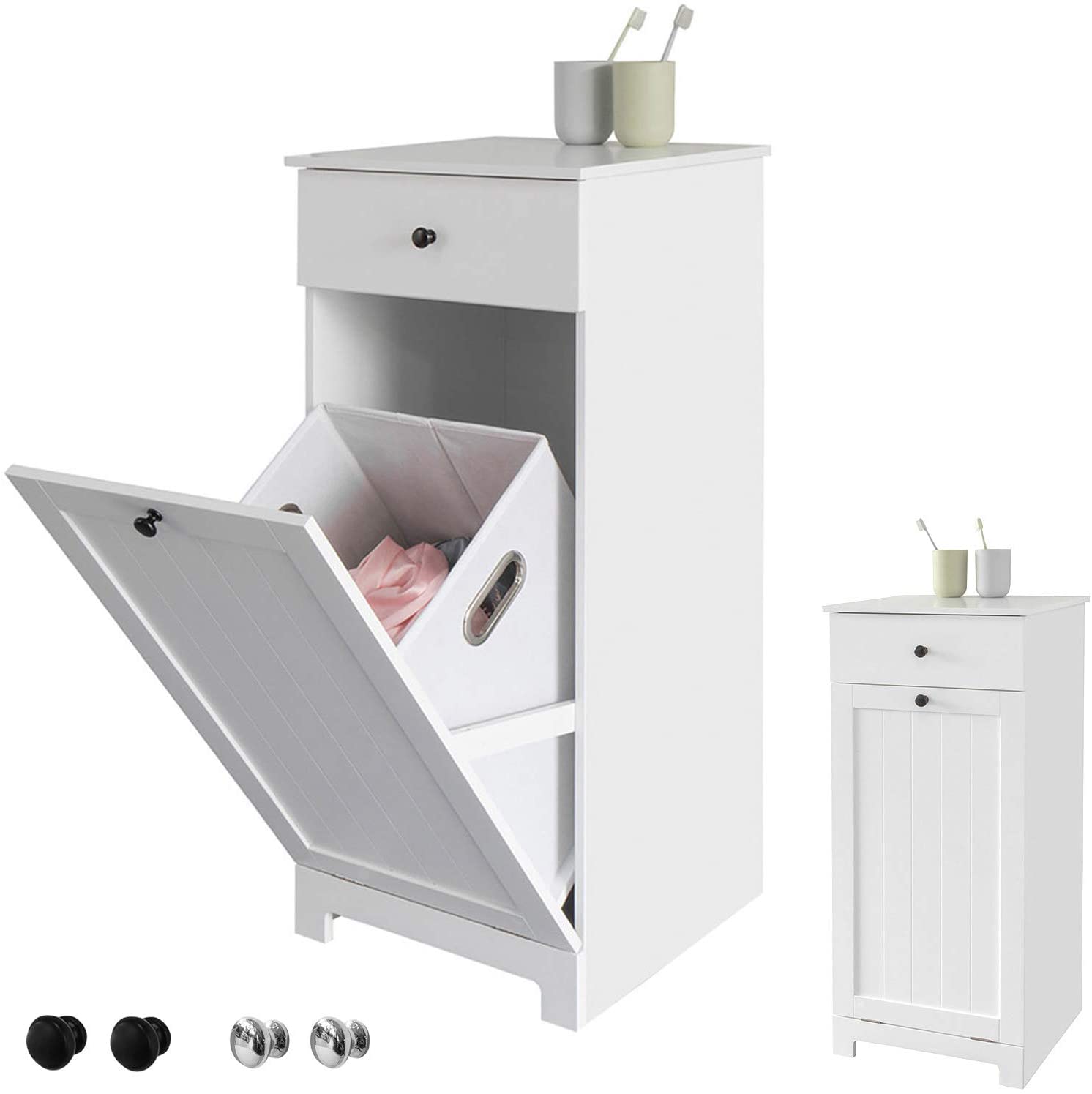 NNEDSZ White Bathroom Cabinet with Laundry Basket and Drawer - UrbanNest Co