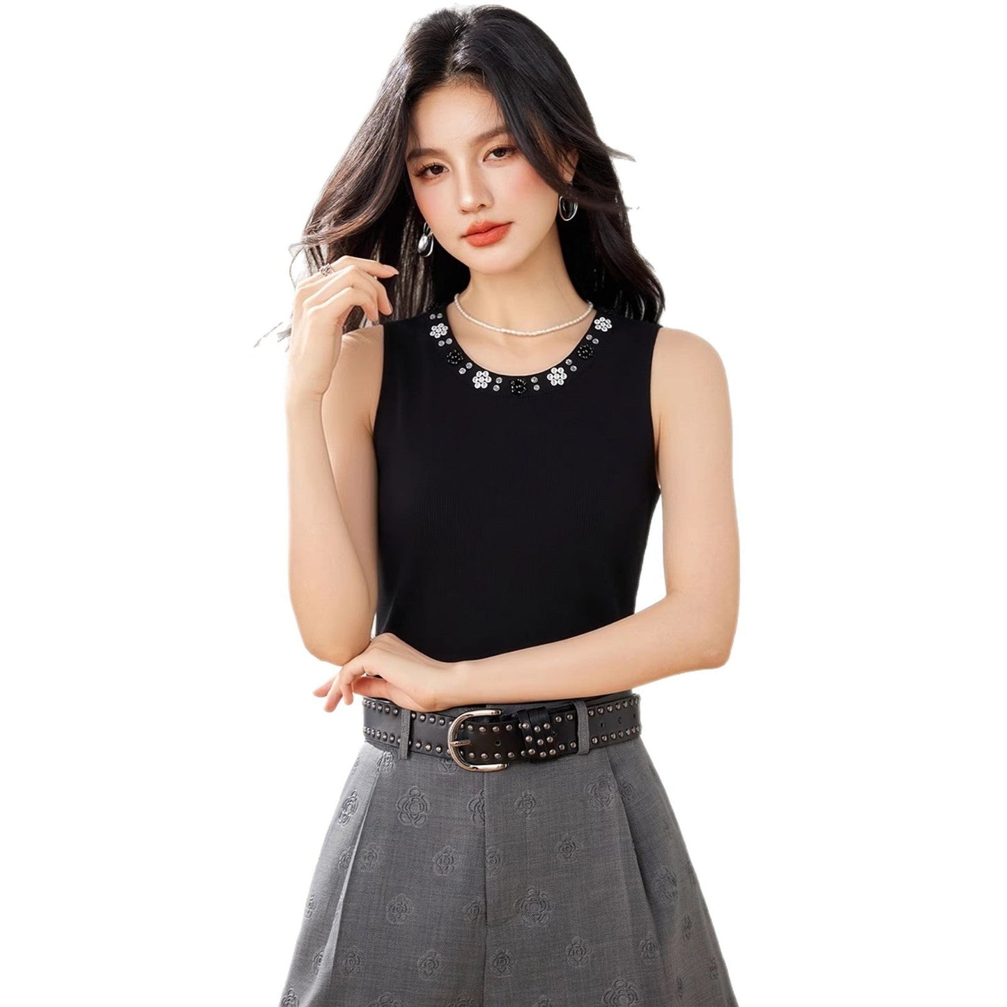 Chic Beaded Strapless Top for Women Spring and Autumn Sleeveless T-Shirt, Fitted Knitwear, Blazer Inner Layer - UrbanNest Co