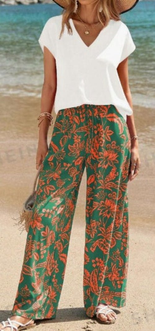 Women's Solid V - Neck Short Sleeve Top And Botanical Print Pants - UrbanNest Co