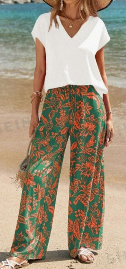 Women's Solid V - Neck Short Sleeve Top And Botanical Print Pants - UrbanNest Co