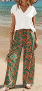 Women's Solid V - Neck Short Sleeve Top And Botanical Print Pants - UrbanNest Co