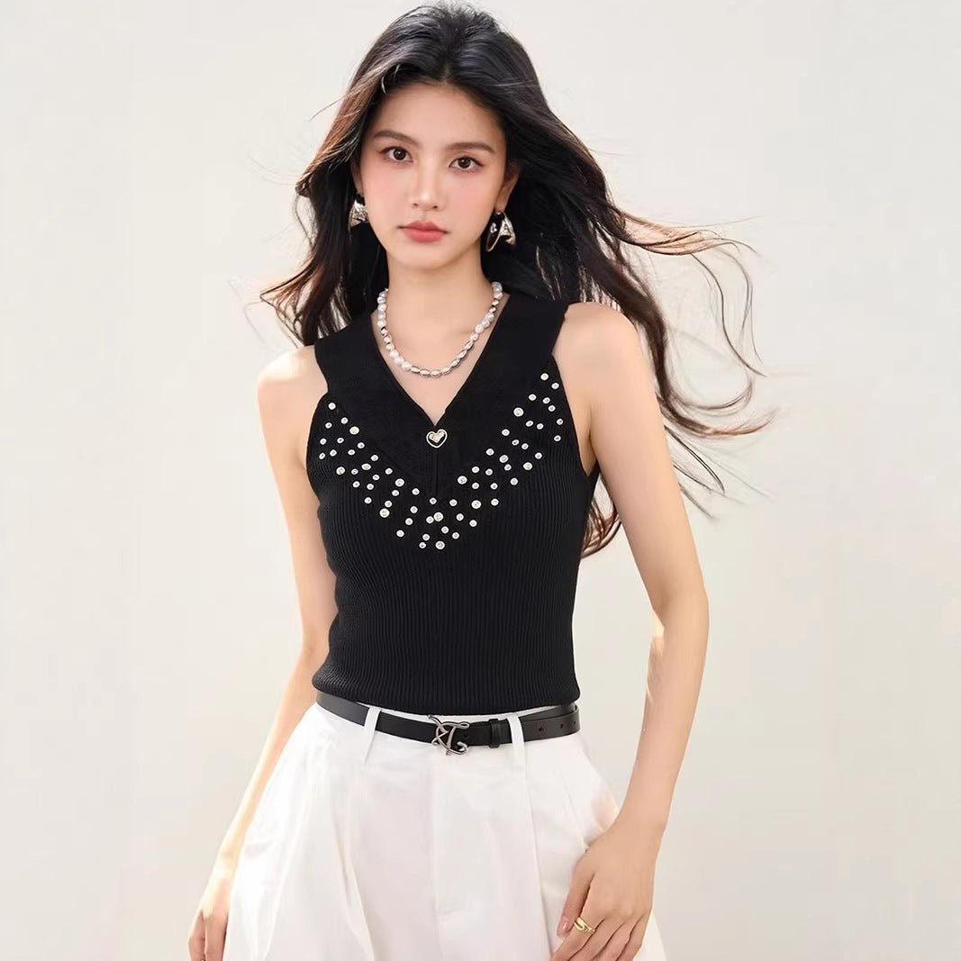 Designer Heavy Rhinestone Fashion Sexy Slim - Fitting V - Neck Knit Vest for Women, Spring and Summer Versatile Wear - UrbanNest Co