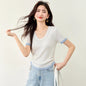 U - neck Color - block Slimming Waist Cinching Design Knit Top for Women Short Sleeve T-shirt Two - piece Look Summer Fashion Top - UrbanNest Co