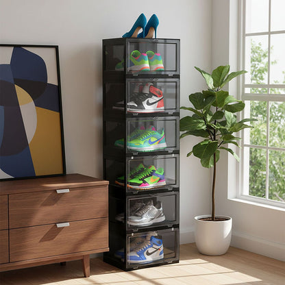SOGA 6 Tier Black Portable Shoe Organiser Sneaker Footwear Folding Plastic Bin Stackable Storage Box with Magnetic Door - UrbanNest Co