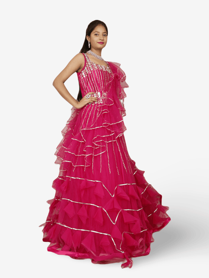 Magenta Pink Flare Gown Stone with Mirror Work for Women by Shreekama - UrbanNest Co