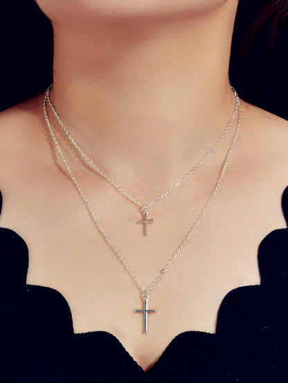 Fashion Jewellery Silver Chain Double layer Chain Cross Pendant Women Necklace - UrbanNest Co