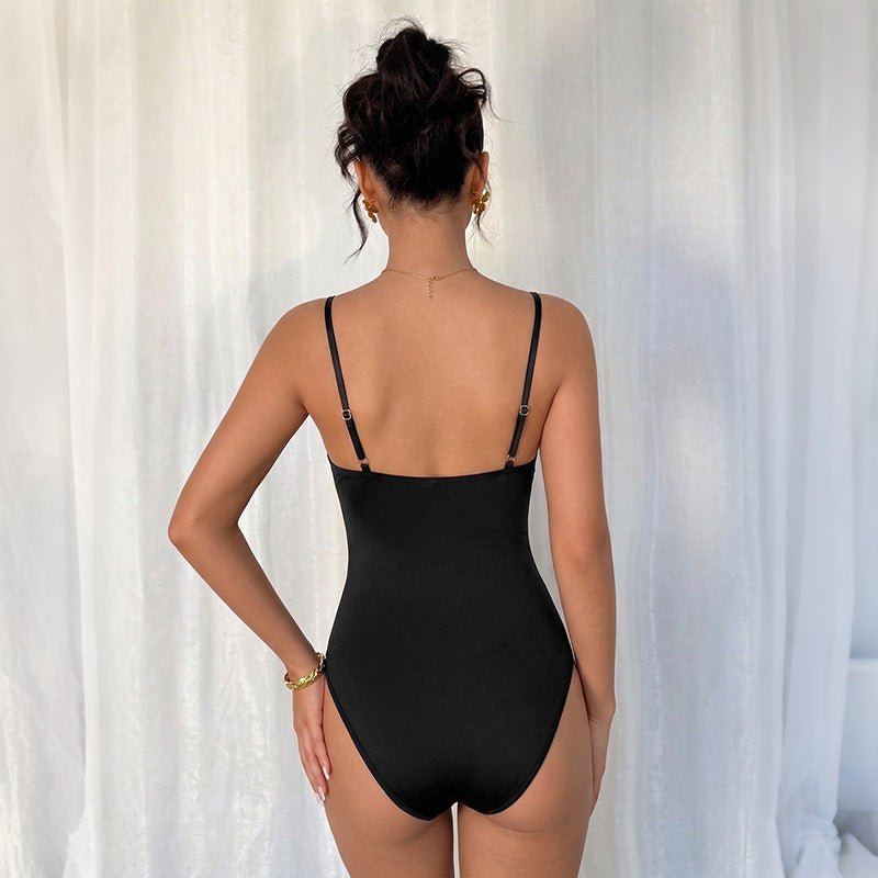 Solid Color Lace Strap Bodysuit V - neck Sexy Bodycon One - piece Dress for Women - UrbanNest Co