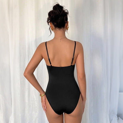 Solid Color Lace Strap Bodysuit V - neck Sexy Bodycon One - piece Dress for Women - UrbanNest Co