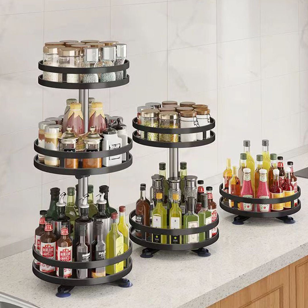 NNEAGS 2 Tier Steel Black Round Rotating Multi - Function Kitchen Portable Storage Spice Seasoning Kitchen Countertop Organiser Shelf - UrbanNest Co