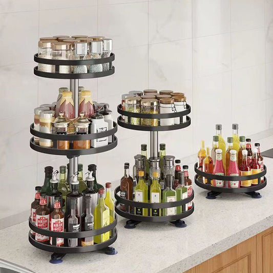NNEAGS 2 Tier Steel Black Round Rotating Multi - Function Kitchen Portable Storage Spice Seasoning Kitchen Countertop Organiser Shelf - UrbanNest Co