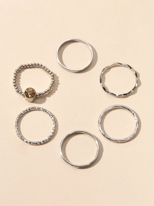 Stackable 6 pcs Rhinestone Decor Silver Finger Ring set Multiple Rings Bulk Pack - UrbanNest Co