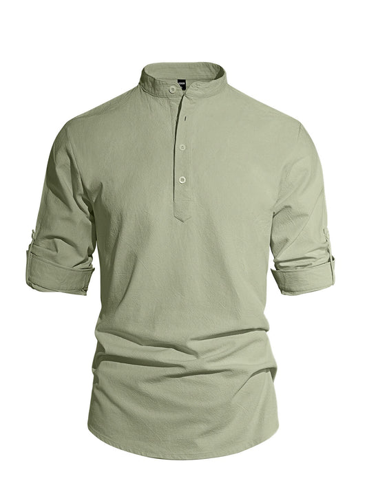 Men's Cotton Linen Henley Collar Solid Color Lightweight Long Sleeve Button - Down Shirt - UrbanNest Co