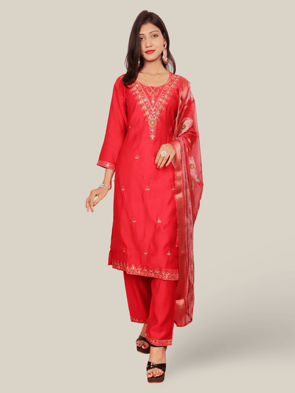 Vatican Silk Embroidered Straight Kurti with Pants and Dupatta - UrbanNest Co