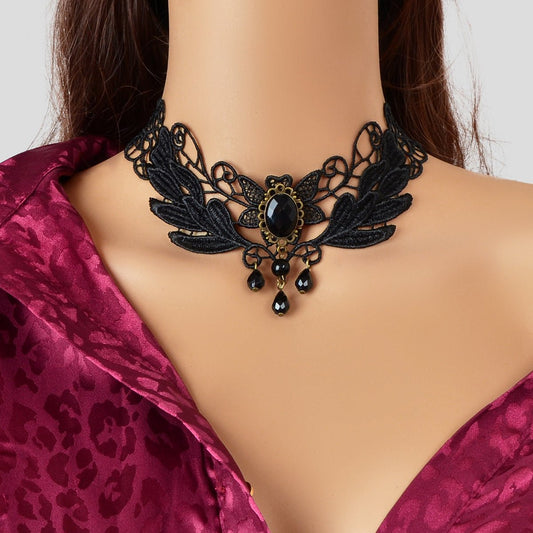 Black Hollow Collar Gothic Leaf Tattoo Lace Choker Costume Party Vintage Jewelry - UrbanNest Co