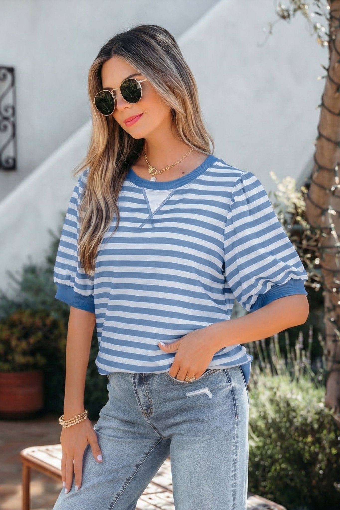Stripe Short Bubble Sleeve T-Shirt - UrbanNest Co