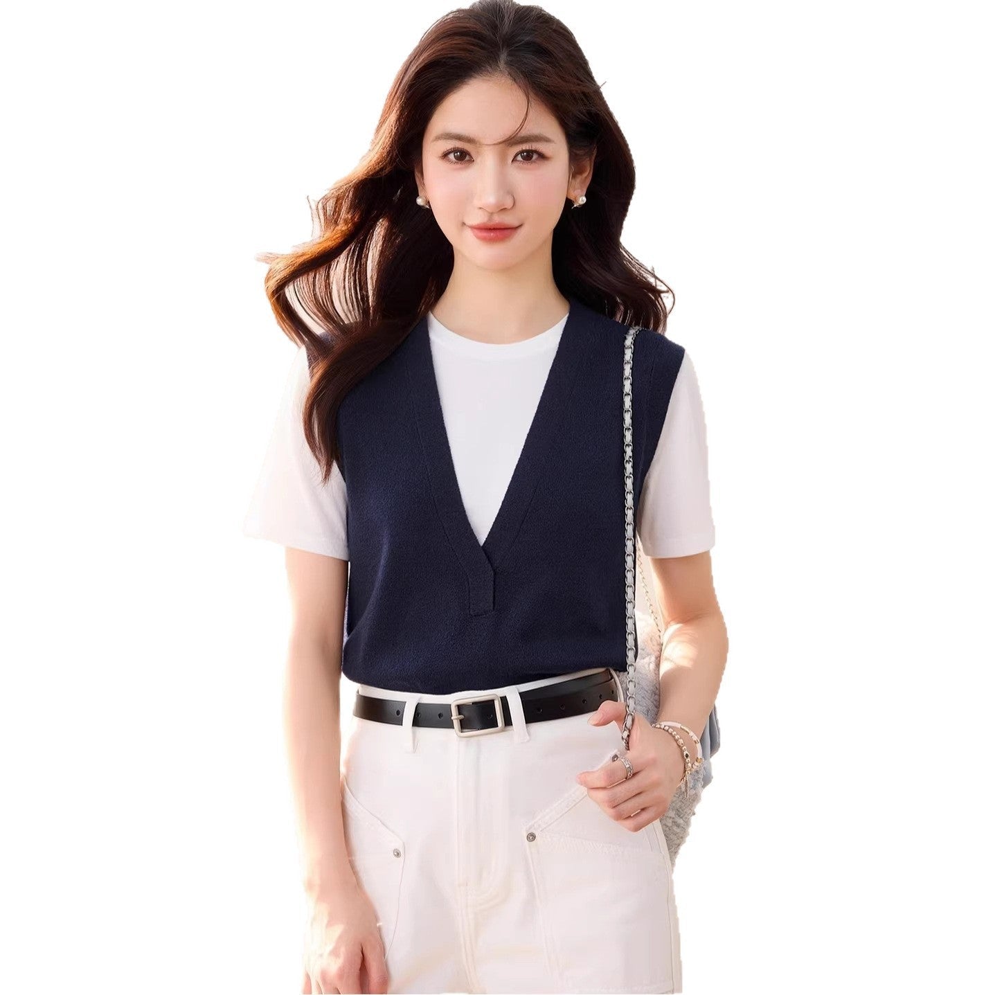 Navy Blue Fake Two - Piece V - Neck Short Sleeve Regular Shoulder T-Shirt for Women Summer Unique Design Casual Top, Lightweight - UrbanNest Co
