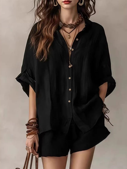 Women's wear 2026 solid color loose button - down shirt and shorts casual - UrbanNest Co