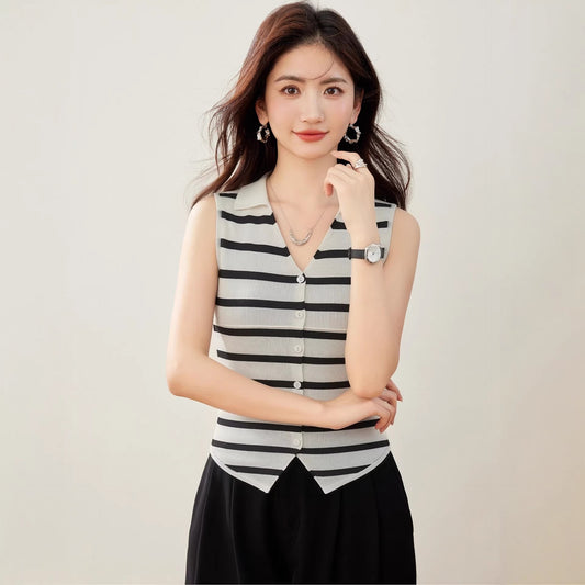 Vintage Stripe Color - block Polo Neck Knit Vest for Women, Summer Stylish Fitted Waist - cinching Versatile Top - UrbanNest Co