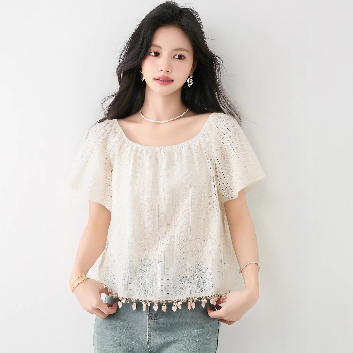 Cute Square Neck Fringe Sequin Short Sleeve Shirt for Women, Sweet Lace Baby Doll Top - UrbanNest Co