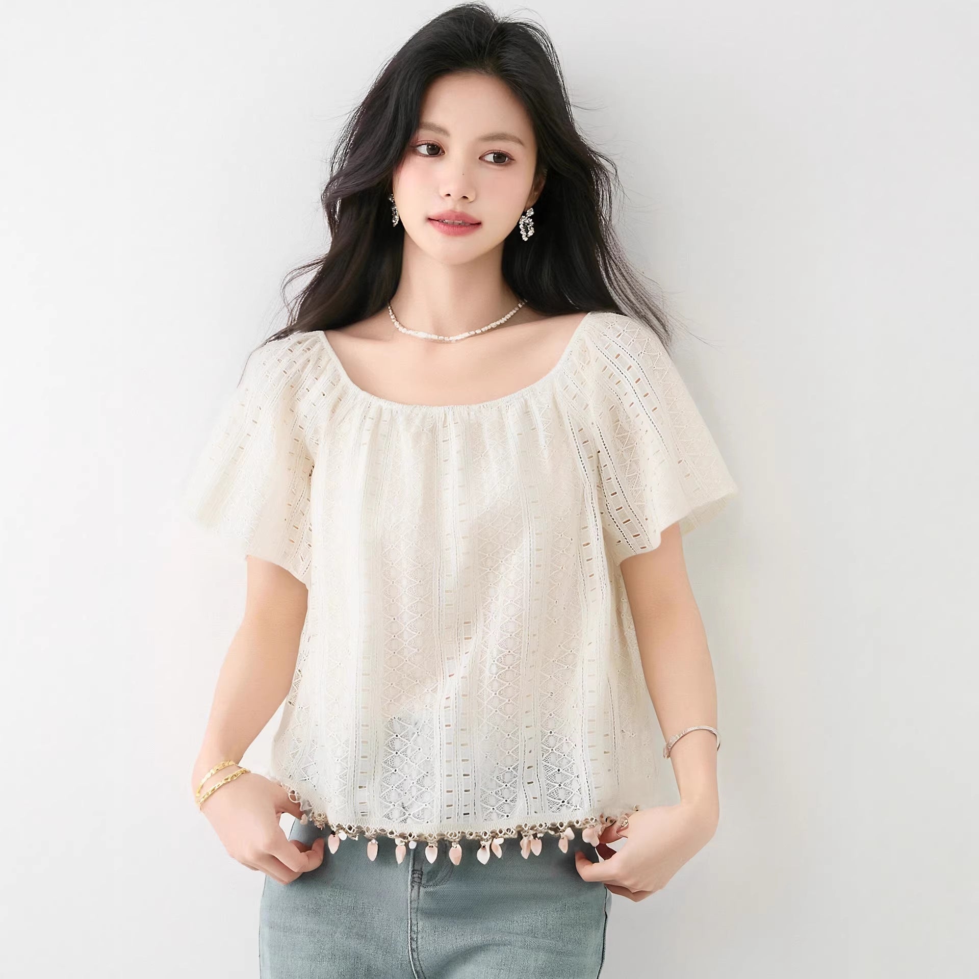 Cute Square Neck Fringe Sequin Short Sleeve Shirt for Women, Sweet Lace Baby Doll Top - UrbanNest Co