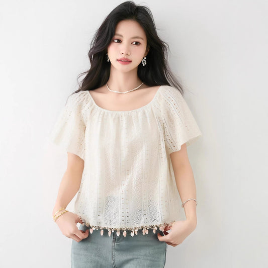 Cute Square Neck Fringe Sequin Short Sleeve Shirt for Women, Sweet Lace Baby Doll Top - UrbanNest Co