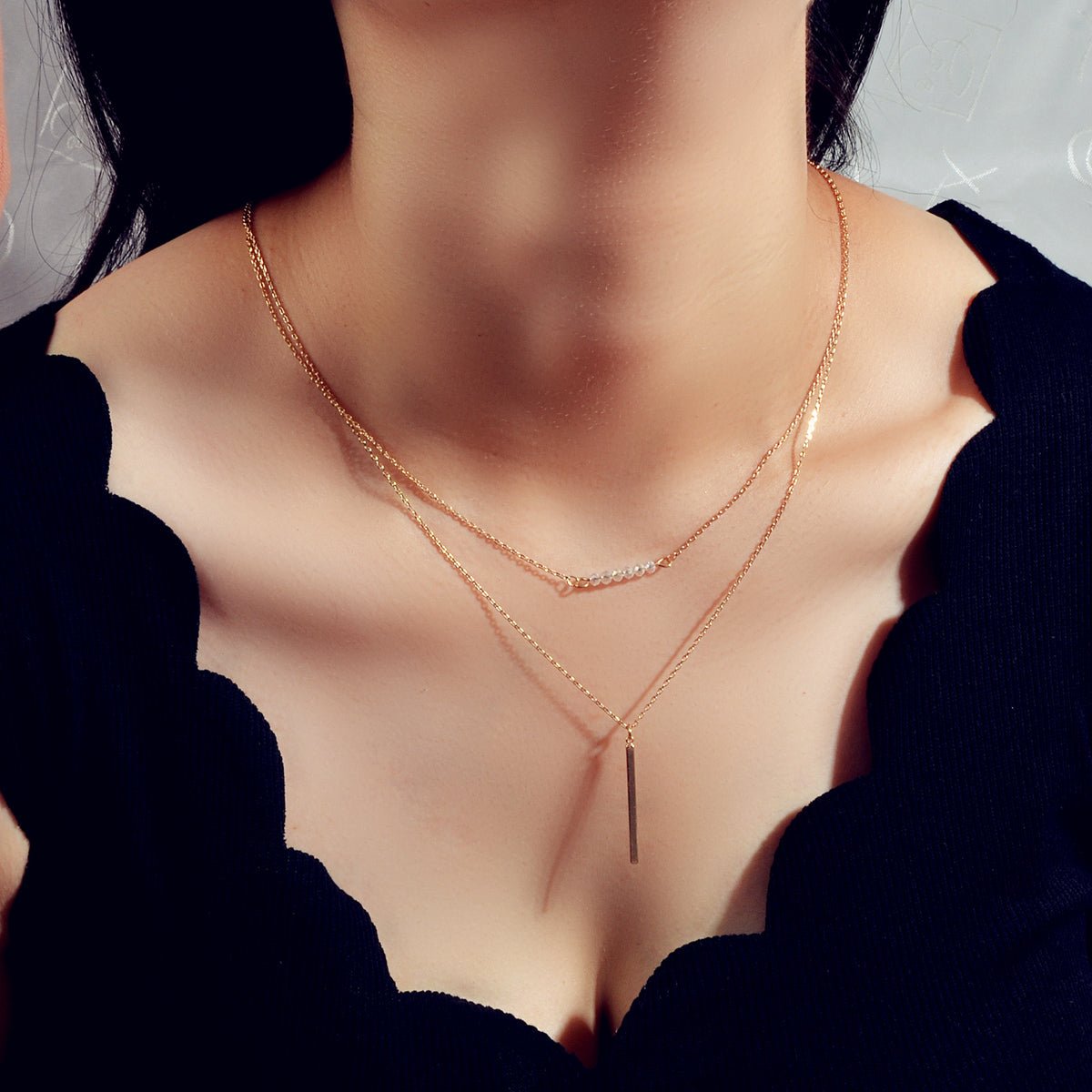 Feelontop Beads Decor Gold Silver Double layer Chain Bar Charm Necklace Jewelry - UrbanNest Co