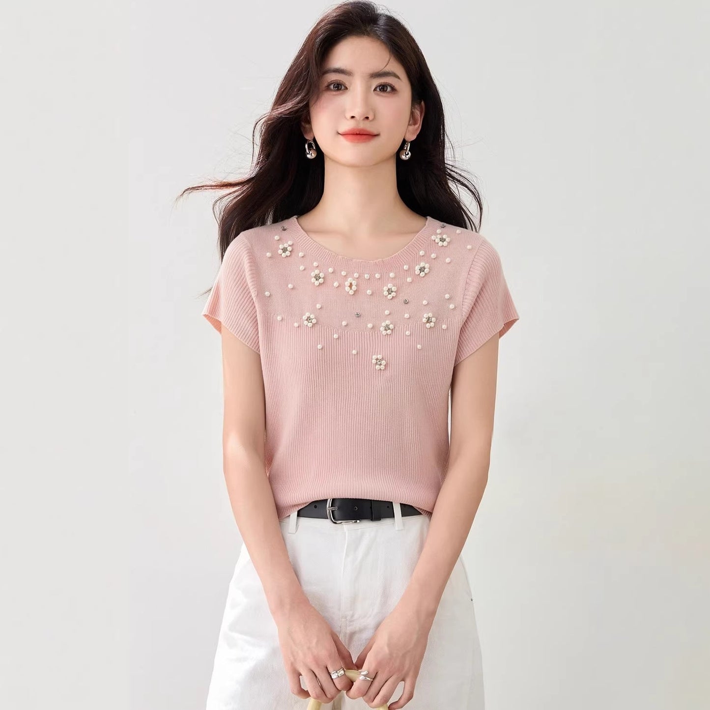 Cute round neckshort sleeve knit top for women, fashionable slim fit versatile casual top - UrbanNest Co