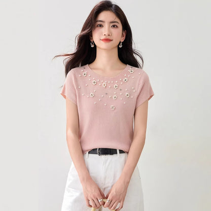 Cute round neckshort sleeve knit top for women, fashionable slim fit versatile casual top - UrbanNest Co