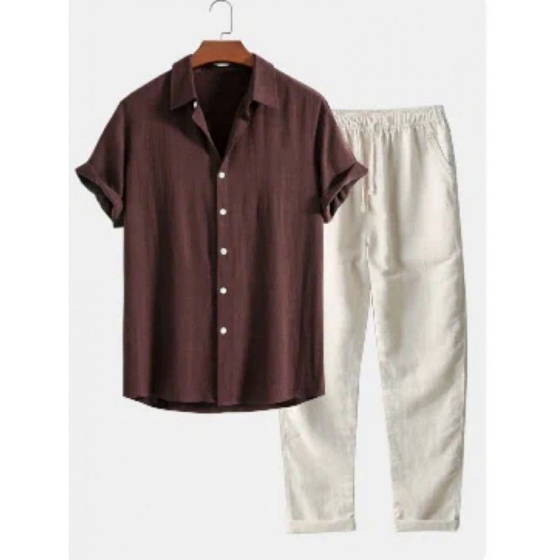 Men's Stand Collar Slim Fit Linen - Cotton Suit Set - UrbanNest Co