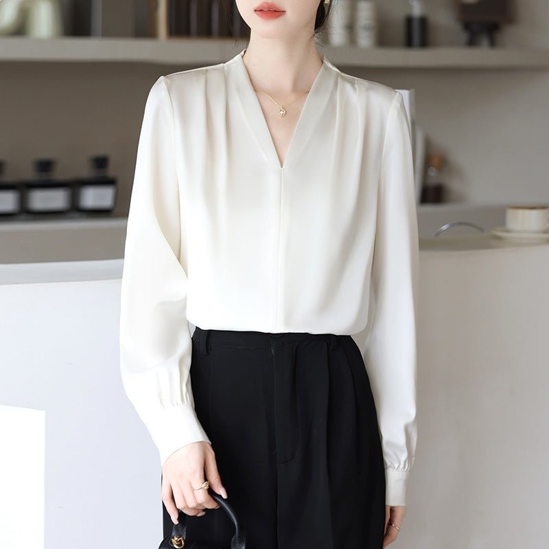 Versatile Shirt for Women Long Sleeve V - Neck Design Elegant Office Wear Minimalist Inner Top - UrbanNest Co