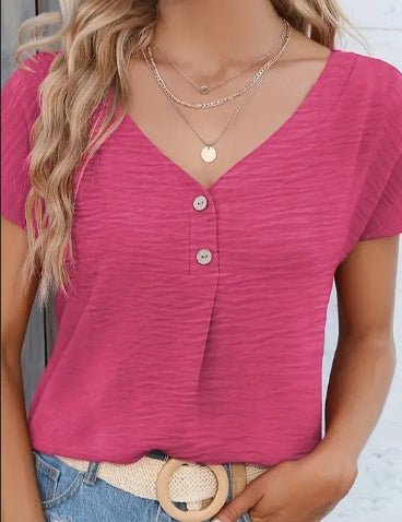Solid Button Front Blouse, Casual V Neck Short Sleeve Blouse For - UrbanNest Co