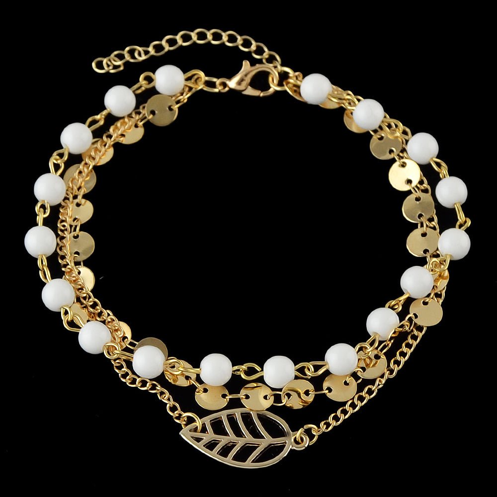 1 pc Foot Beach Jewellery Gold Silver Multi - layer Chain White Beads Leaf Anklet - UrbanNest Co