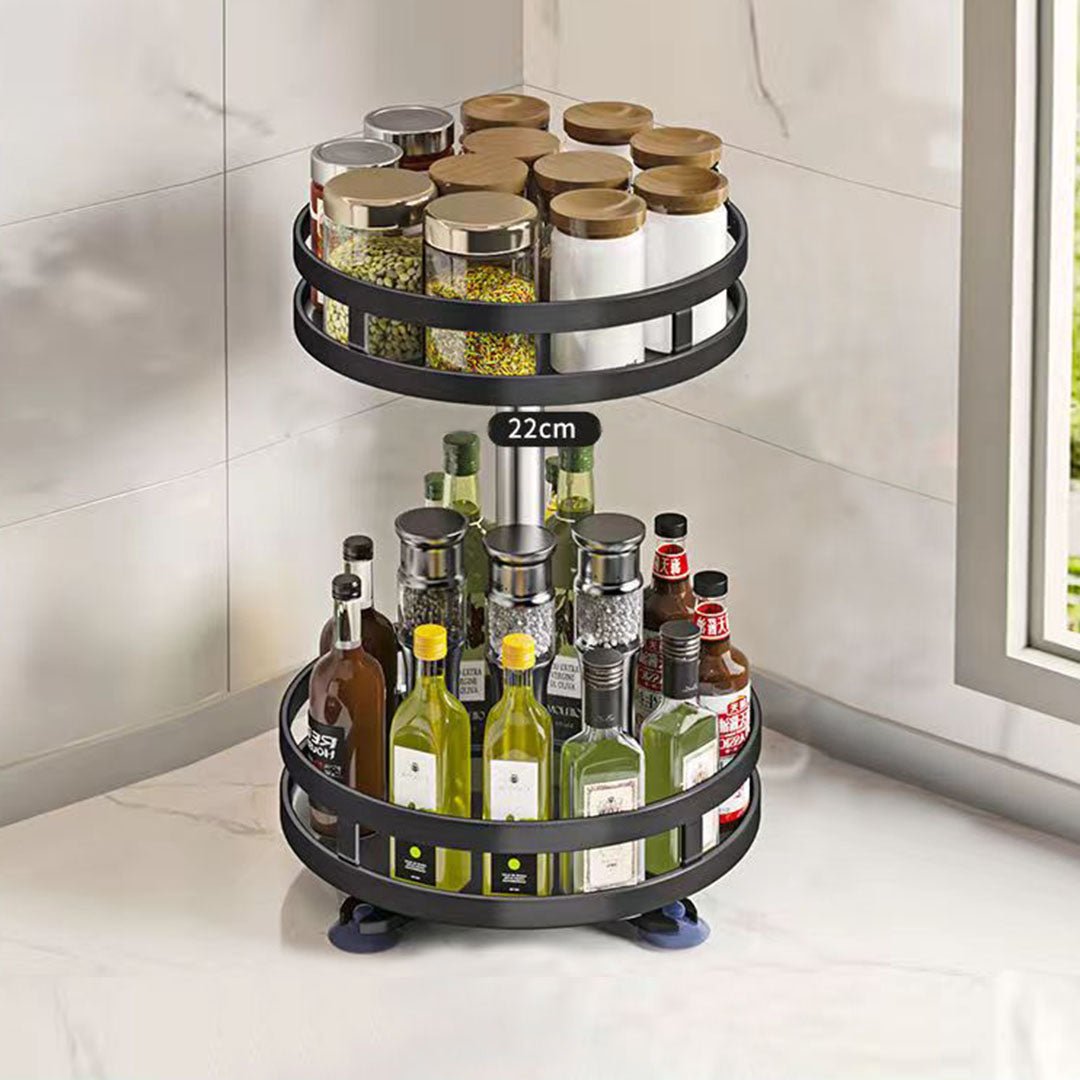 NNEAGS 2 Tier Steel Black Round Rotating Multi - Function Kitchen Portable Storage Spice Seasoning Kitchen Countertop Organiser Shelf - UrbanNest Co